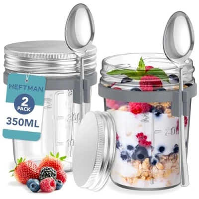 Image of HEFTMAN Mason Jars for Overnight Oats 2 Pack 350ml Jar with Spoons &amp; Airtight Stainless Steel Lids Food Safe Glass Breakfast Pots Yogurt, Chia Pudding 12oz, Reusable (2 PCS)