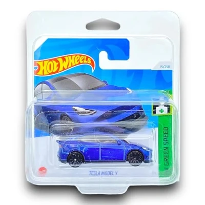 Image of Hot Wheels Tesla Model Y (Blue) 3/10 HW Green Speed 2024 15/250 (Short Card) COMES IN A KLAS CAR KEEPER SHORT CARD PROTECTOR CASE HTB80