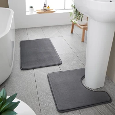 Image of Catherine Lansfield Anti Bacterial Memory Foam Bath Mat and Pedestal Set Charcoal Grey