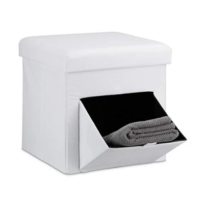 Image of Relaxdays Folding Ottoman Size: 38 x cm Sturdy Seat and Practical Footstool, Fabric, Removable Lid, White