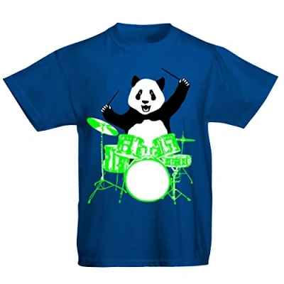 Image of Youth Kids Childrens Panda Bear Playing Drums T Shirt Royal Blue 5 6 Years (S)
