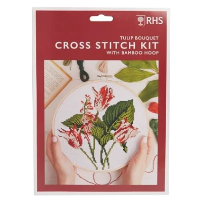 Image of RHS The Royal Horticultural Society Cross Stitch Kit, Tulip Bouquet Design, 8&quot;, Embroidery Kits For Adults, Adults Beginners, Gift Idea, With Patterns, Set