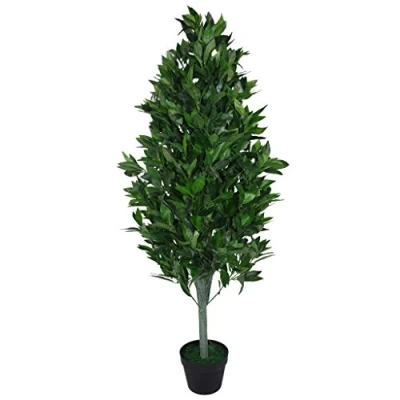 Image of Leaf Design UK 120cm (4ft) Artificial Topiary Bay Tree Pyramid Extra Large Black Plastic Pot, Green Cone