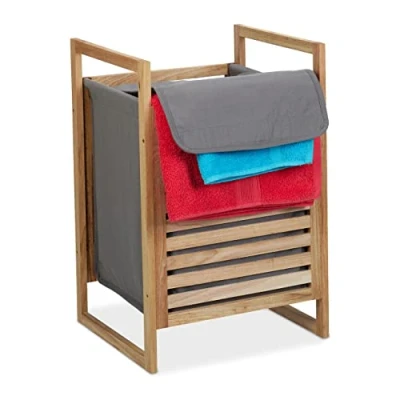 Image of Relaxdays Walnut Laundry Basket, Square, with Handles &amp; Lid, HWD: 60 x 40 35 cm, Hamper Toy Storage, Natural/Grey, Wood, Cotton