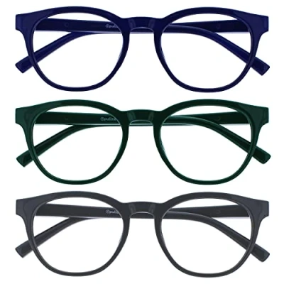 Image of OPULIZE Blu Reading Glasses with Blue Light Blocking 3 Pack Cool Round Frame Spring Hinges Improve Sleep Computer Gaming Anti Reflective Green Grey Mens Womens BBB5 367 +3.50
