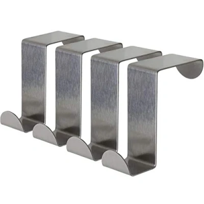 Image of iGadgitz Home U6898 KIT Pack of 4 Stainless Steel Over Door Hooks Reversible Hangers for Cupboard Cabinet Drawer Kitchen Bathroom etc.