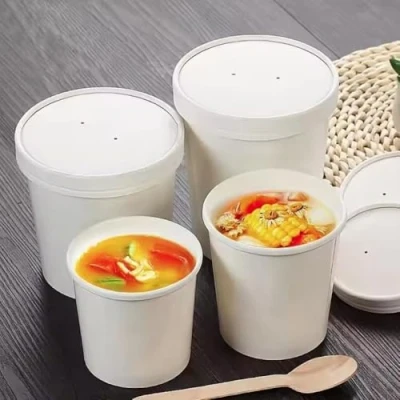 Image of White Kraft Disposable Soup Cups Containers with Lids of Paper Bowls Size 8oz, 12oz &amp; 16oz Takeaway Tubs Perfect for Ice Cream Containers, Dessert and Deli (32oz, 25, count)