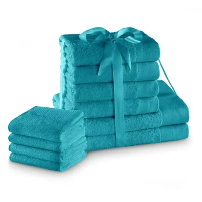 Image of AmeliaHome Set 10pcs 4 Guest Towels 30x50 cm, 50x100 cm and 2 Bath 70x140 100% Cotton Absorbent Turquoise Amari
