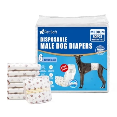 Image of Pet Soft Dog Nappies Male 50 Counts Disposable Wraps, Super Absorbent Puppy Diapers Incontinence Nappy Wraps with Wetness Indicator (M Count)