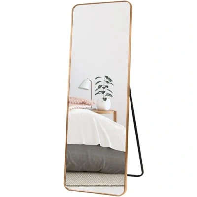 Image of HORLIMER 60&quot;x18&quot; Full Length Standing Mirror with Aluminum Frame, 152x46cm Large Long Body for Wall Hanging or Floor Free Standing, Gold Bathroom Living Room Bedroom, Explosion Proof