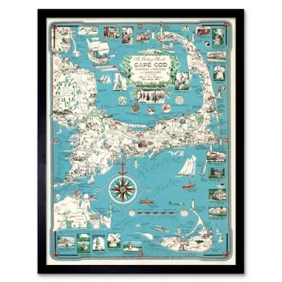 Image of Artery8 Map Chase 1949 Cape Cod Nantucket Massachusetts Pictorial Art Print Framed Poster Wall Decor 12x16 inch
