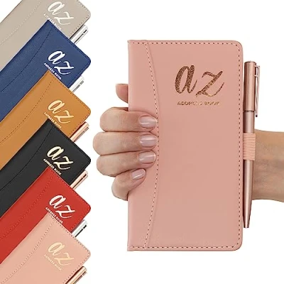 Image of Address Book A Z Pink Index Hard Back Cover Slim &amp; Pen Telephone Alphabetical Tabs (Pink)