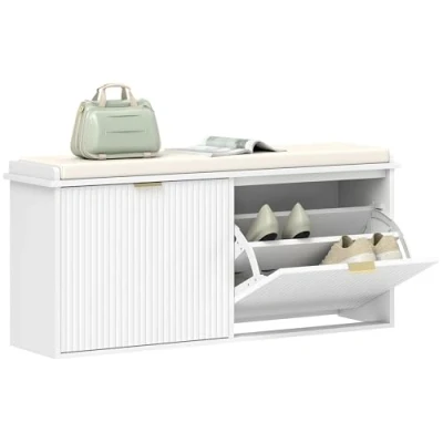 Image of HOMCOM Shoe Bench with Padded Seat Cushion and Flip Drawer, Cabinet Holds up to 240kg for Hallway, Entryway Porch, 104x26x47.5cm, White