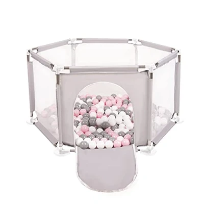 Image of Selonis Hexagon 6 Side Play Pen with 200 Balls, Grey:White/Grey/Powder Pink