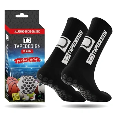 Image of Tapedesign &quot;Classic 1 Pair Non Slip Football Grip Socks Black (Size 5 14) for Men, Women &amp; Kids Soccer Adults Youth (Unisex) Anti Sport Basketball, Tennis Running