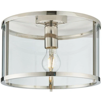 Image of Hopton Cylindrical Ceiling Light Bright Nickel, Clear Glass Shade