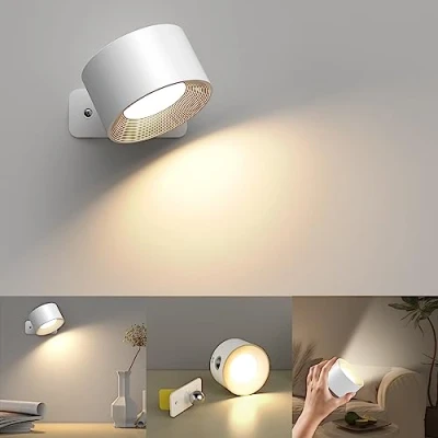Image of Mexllex Rechargeable Wall Light Indoor, 3 Brightness Levels Color Modes Bedside Lamp, 360 Rotatable Touch Control Lamps for Bedroom Living Room Hallway Wireless Lights, White