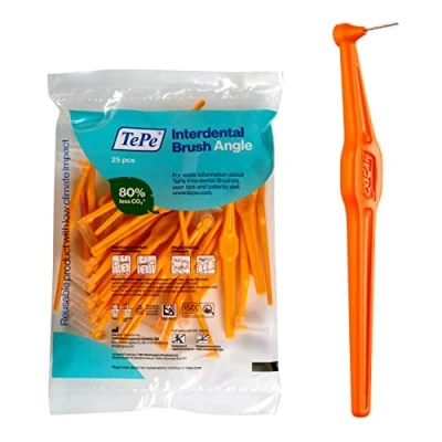 Image of TEPE Interdental Brush Angle, Angled Dental for Teeth Cleaning, Pack of 25, 0.45 mm, Extra Small/Small Gaps, Orange, Size 1