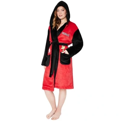 Image of Peanuts Snoopy Womens Fleece Dressing Gown with Hood, Pockets, and Tie Waist, Cosy Robe Gifts for Her (Red/Black, S)