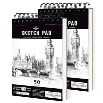 Image of STATIONERY ISLAND Sketch Pad, A5 Book 180 g/m² Thick Paper, 100 Pages / 50 Sheets Spiral Bound Sketchbook 2 Packs