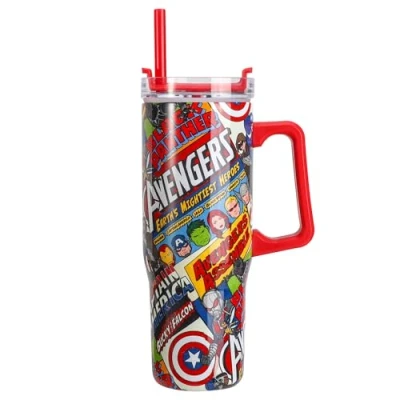 Image of Avengers 940mL/33oz Double Walled Vacuum Insulated Stainless Steel Tumbler Cup with Handle and Straw, Reusable for Cold Hot Drinks