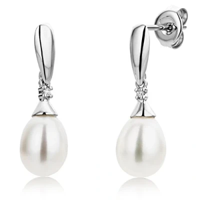 Image of Miore earrings Women Freshwater Pearls Drop with Brilliant Cut Diamonds White Gold 9 Kt / 375