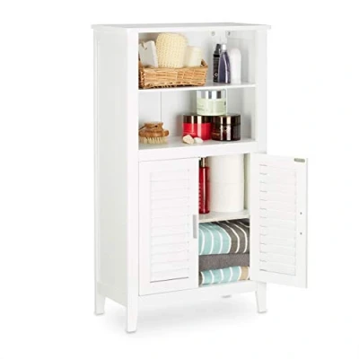 Image of Relaxdays LAMELL White Bathroom Cabinet, Bamboo Floor Cupboard, Telephone Kitchen Storage Unit, HxWxD: 92 x 50 25.5 cm