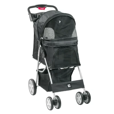 Image of KCT Hooded Foldable Pet Dog Cat Stroller Black 4 Wheel Travel Carriage with Safety Leash, Canopy, Cup Holder, Storage Tray