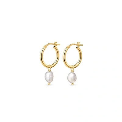 Image of Amberta Women 925 Sterling Silver Freshwater Pearl Earrings: 12 mm Hoop Earrings Gold Plated