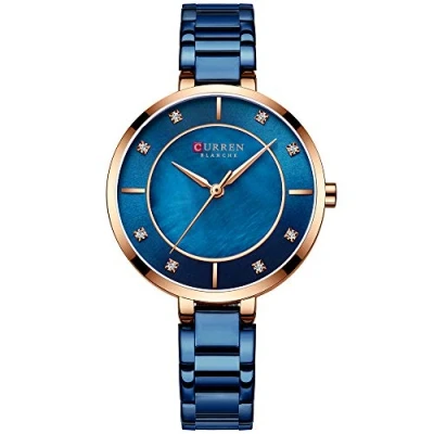 Image of CURREN Watches Women Fashion Rhinestone Dial Quartz Clock Waterproof Stainless Steel Band Wristwatch for Ladies (Rose Gold Blue)