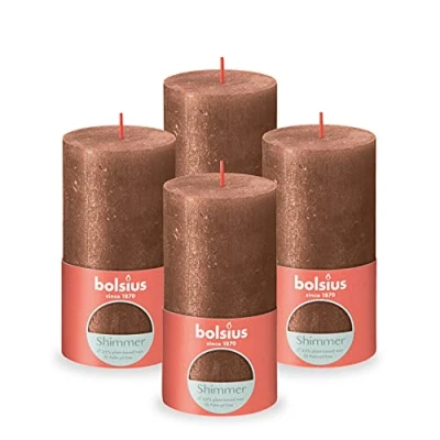 Image of Bolsius Rustic Pillar Candle Shimmer Copper Pack of 4 Long Burning Time 62 Hours Household Interior Decoration Unscented Includes Natural Vegan Wax No Palm Oil 13 x 7 cm