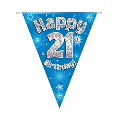 Image of Party Bunting Happy 21st Birthday Blue Holographic 11 flags 3.9m