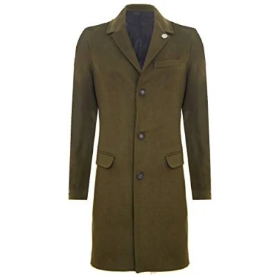 Image of Mens 3/4 Long Wool Olive Crombie Overcoat Jacket Blinders Trench Slim Fit Coat 42