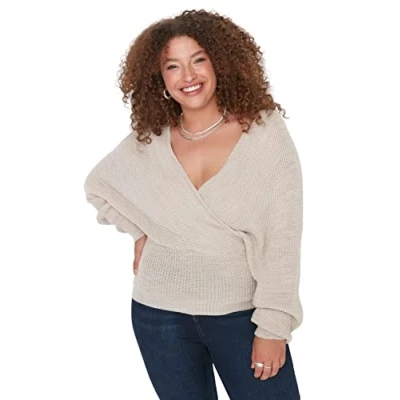 Image of Trendyol Women Plus Size Relaxed Double Breasted Cache Coeur Knitwear Jumper Stone