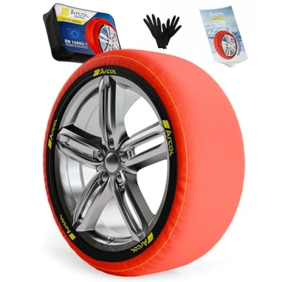 Image of ARCOL Snow Socks for Car Tyres TWO Anti Slip Textile Chains Car. XL Auto Sock R14 R21 (detailed tyre grips inside). EN 16662 1 Certified Winter Accessories Road Safety