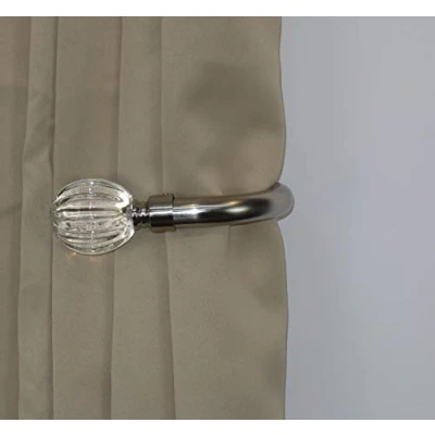 Image of Home Harmony® Fluted Crystal Ball Finial Telescopic Extendable Curtain Pole set In Black Silver White and Matching Holdbacks Available (Silver, Holdback Pair)