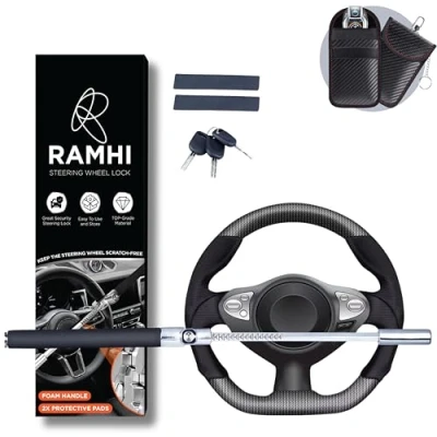 Image of RAMHI Heavy Duty Car Steering Wheel Lock Includes 2 Keys and Key Signal Blocker Pouch Anti Theft Bar Universal Fit with Designs Yellow/Black (Black)