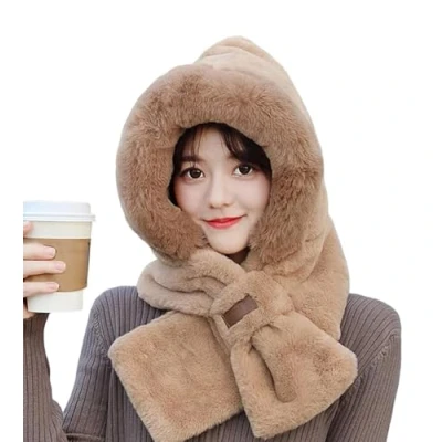 Image of New Knitted Faux Fur Trim Animal Ear Balaclava Hood Scarf Beanie Hat Fluffy (Cream)