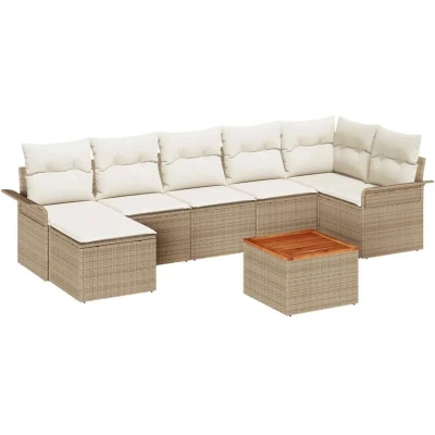 Image of vidaXL 8 Piece Garden Sofa Set with Cushions Beige Poly Rattan Acacia