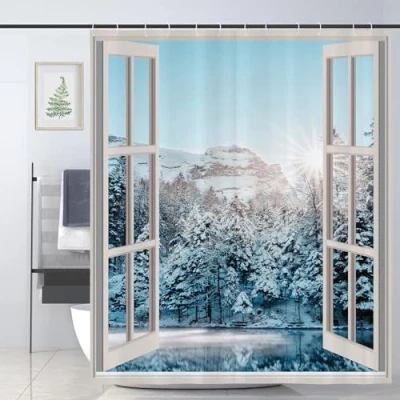 Image of JOOCAR White Nature Shower Curtain Snow Mountain Ice Lake Secnery Curtains Bathroom Decor Polyester Fabric Waterproof Set with 12 Hooks, 150x180cm