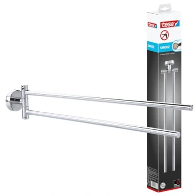 Image of tesa® Smooz Two Armed Towel Holder, high Gloss Chromed Metal, self Adhesive, Adhesive mounting Technology, 82mm x 50mm 455mm