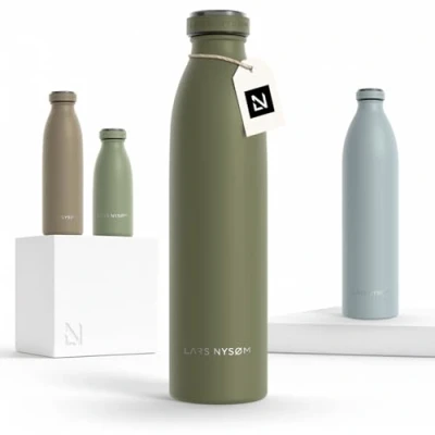 Image of LARS NYSØM Stainless Steel Insulated Water Bottle 12oz 17oz 25oz 34oz 51oz Thermo Flask for Hot and Cold Beverages Leakproof Drinking (Olive Green, 750ml)