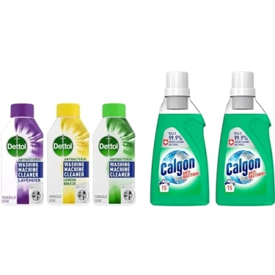 Image of Calgon Antibacterial Washing Machine Clear Pack of 2 &amp; Dettol Cleaner 3(Original, Lavender Lemon Breeze)