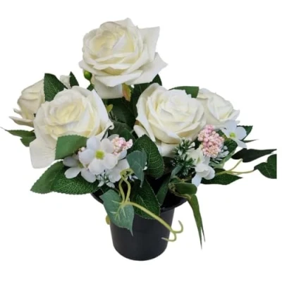 Image of INERRA Cemetery Grave Flower Pot Artificial Flowers with Ivory Roses
