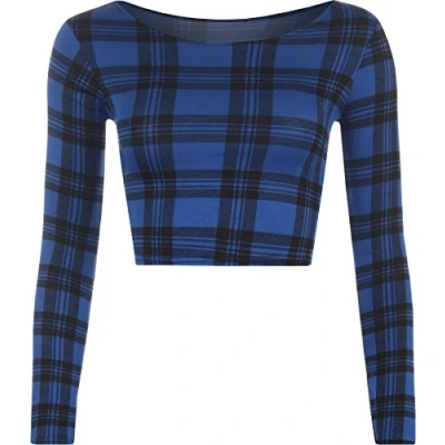 Image of Womens Crop Long Sleeve T Shirt Ladies Short Plain Round Neck Top Blue Tartan 12 14