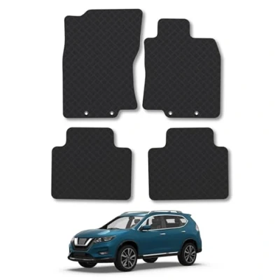 Image of Rubber Car Mats Compatible with Nissan X Trail (2014 2021) Rct Tailored Fit Floor Set Accessory Black Custom 4 Pieces Clips Anti Slip Backing, Heavy Duty &amp; Waterproof