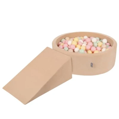 Image of KiddyMoon Foam Playground Velvet For Kids With Round Ballpit (200 Balls ∅ 7Cm/2.75In) Soft Obstacles Course And Ball Pool, Sand Beige: Pastel Beige/Pastel Yellow/White/Mint/Powder Pink