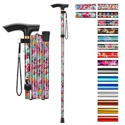 Image of supregear Folding Cane, 5 Level Adjustable Height Walking Stick Lightweight Portable Cane Travel with Wrist Strap and T Handle for Elderly Disabled Men Women