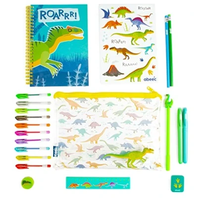 Image of abeec Dinosaur Toys Stationary Set Gifts Clear Pencil Case Includes A5 Notebook, 10 Mini Gel Pens, 2 Pencils, Highlighters and Stickers