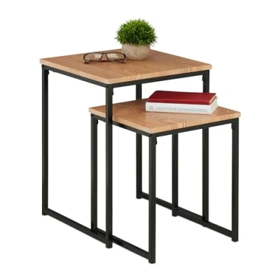 Image of Relaxdays Side Table Set of 3, Stackable, 3 Sizes, Coffee Counter, Square, Metal, Living Room Decor, Light Brown/Black, Iron, 54 x 40 cm